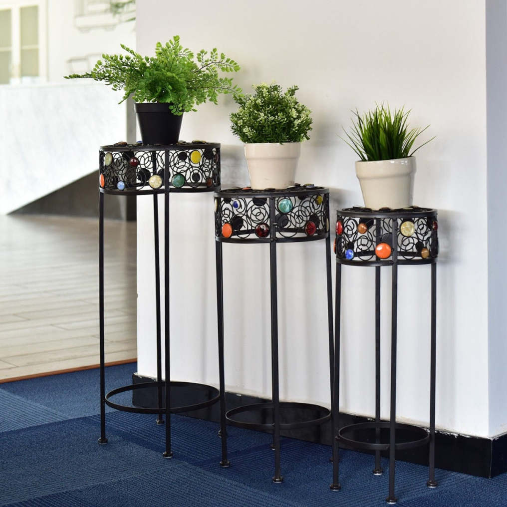 3 Pcs Round Metal Plant Stand Ceramic Beads Flower Display Rack