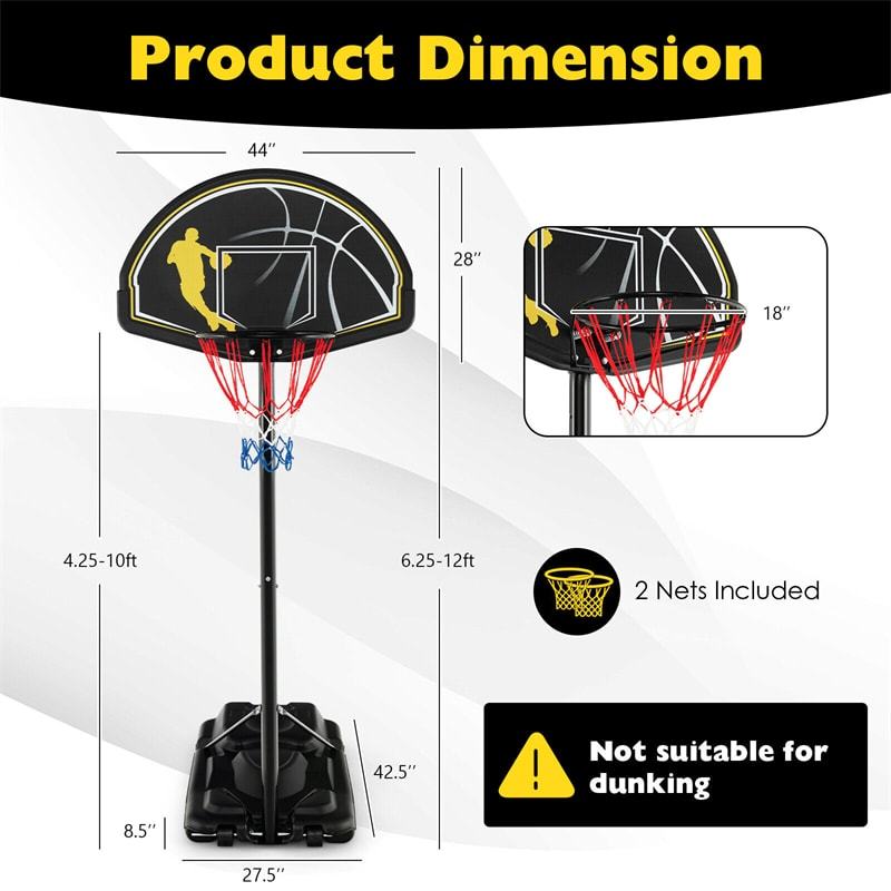 Portable Basketball Hoop 4.25-10FT Height Adjustable with 44" Shatterproof Backboard & Fillable Base, Indoor Outdoor Basketball Goal for Kids, Adults