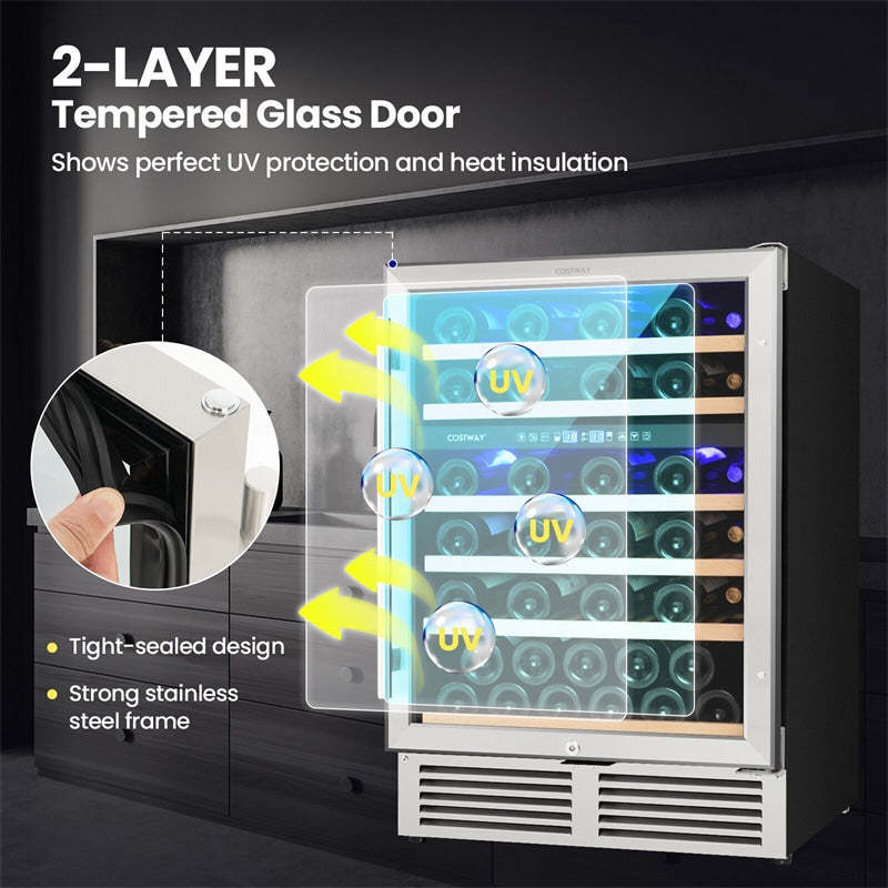 24" Dual Zone Wine Cooler, 51-Bottle Built-in & Under Counter Wine Fridge with Tempered Glass Door & Lock, Freestanding Wine Refrigerator for Home Bar
