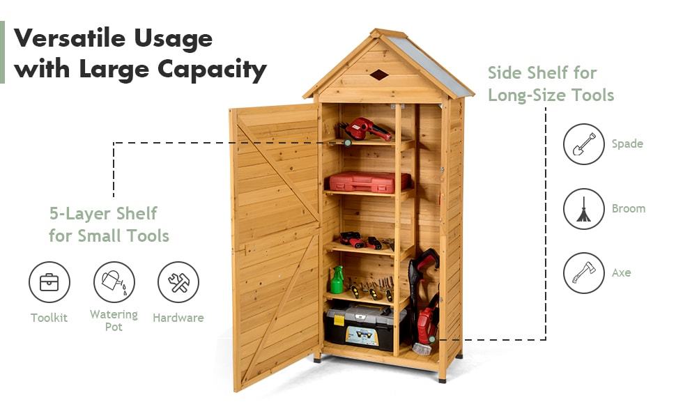 70" Wooden Outdoor Storage Shed Lockable Garden Tool Cabinet with 5 Shelves & Galvanized Sheet Roof