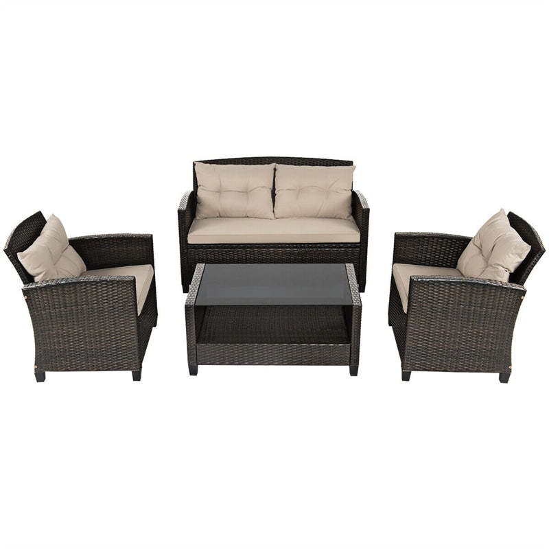 4-Piece Outdoor Rattan Furniture Set Patio Cushioned Conversation Set Wicker Sectional Sofa with Loveseat Chair & Shelf Glass Coffee Table