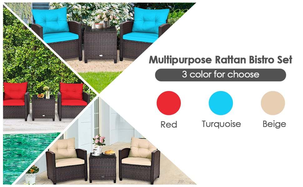 3 Piece Outdoor Wicker Rattan Patio Conversation Set with Washable Cushion & Coffee Table