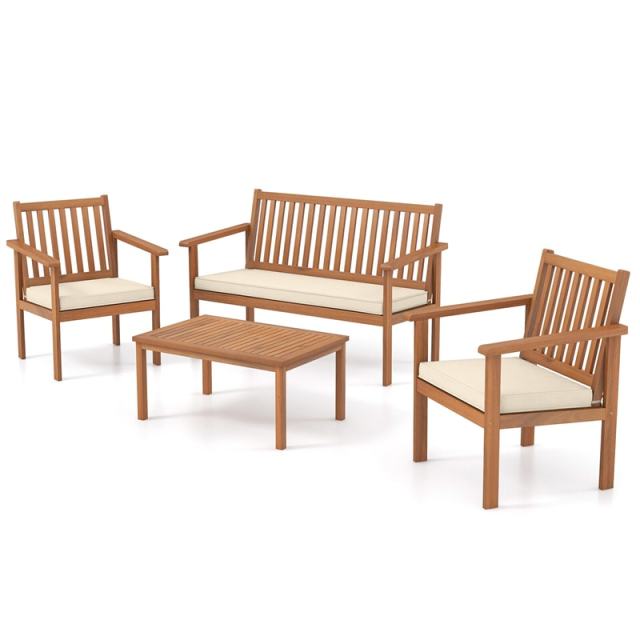 4 Piece Patio Wood Furniture Set Outdoor Acacia Wood Sofa Set with Loveseat, 2 Cushioned Chairs & Coffee Table for Porch Yard Balcony