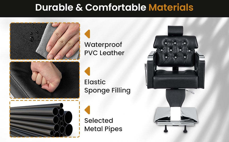 Reclining Salon Chair Heavy Duty Hydraulic Barber Chair Height Adjustable 360° Swivel Luxury Leather Padded Styling Chair with Headrest