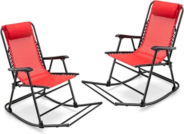 2PCS Folding Zero Gravity Rocking Chairs, High Back Outdoor Camping Rockers with Pillows, Armrests & Footrests, Portable Patio Lawn Chairs