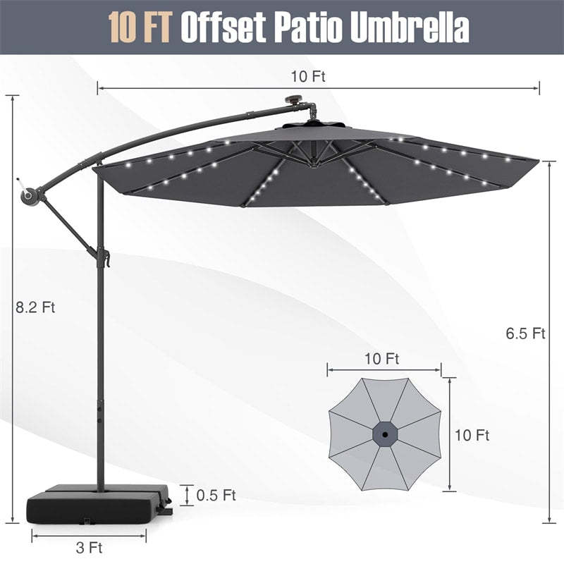 10FT Solar Offset Patio Umbrella, Hanging Cantilever Umbrella with 32 LED Lights, Adjustable Tilt, Sand Bag Base for Garden, Poolside, Yard