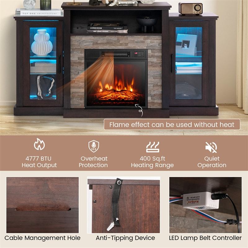 Fireplace TV Stand Mantel for TVs up to 65" with 18" Electric Fireplace, 16-Color LED Lights, Remote & Smart APP Control
