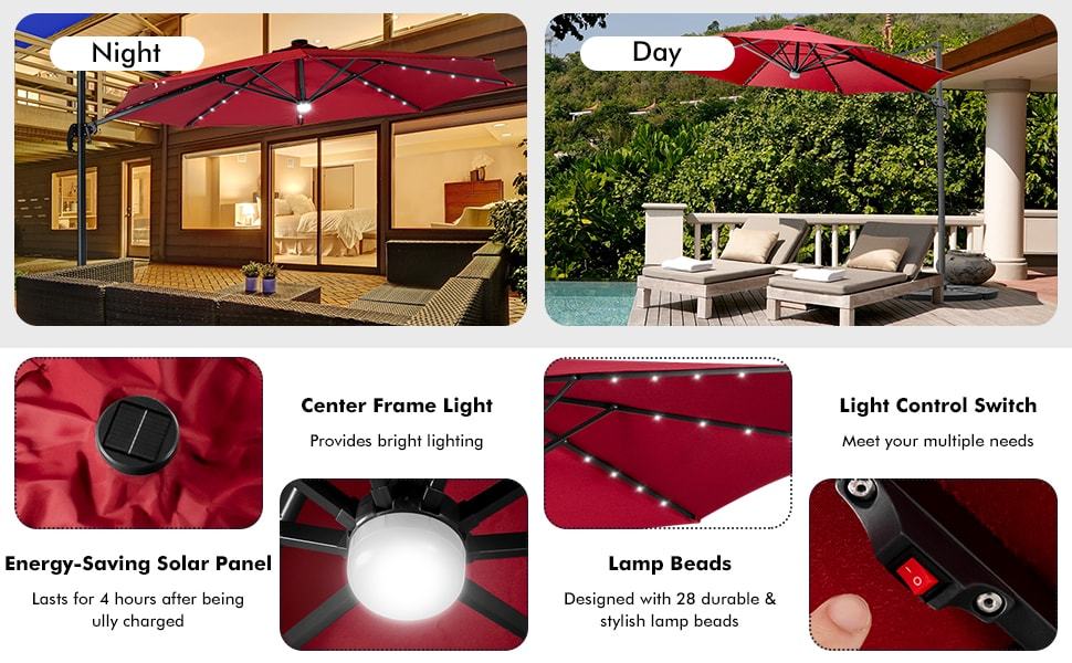 10 FT Patio Cantilever Tilt Umbrella Offset Umbrella with Solar Lights & Crossed Base