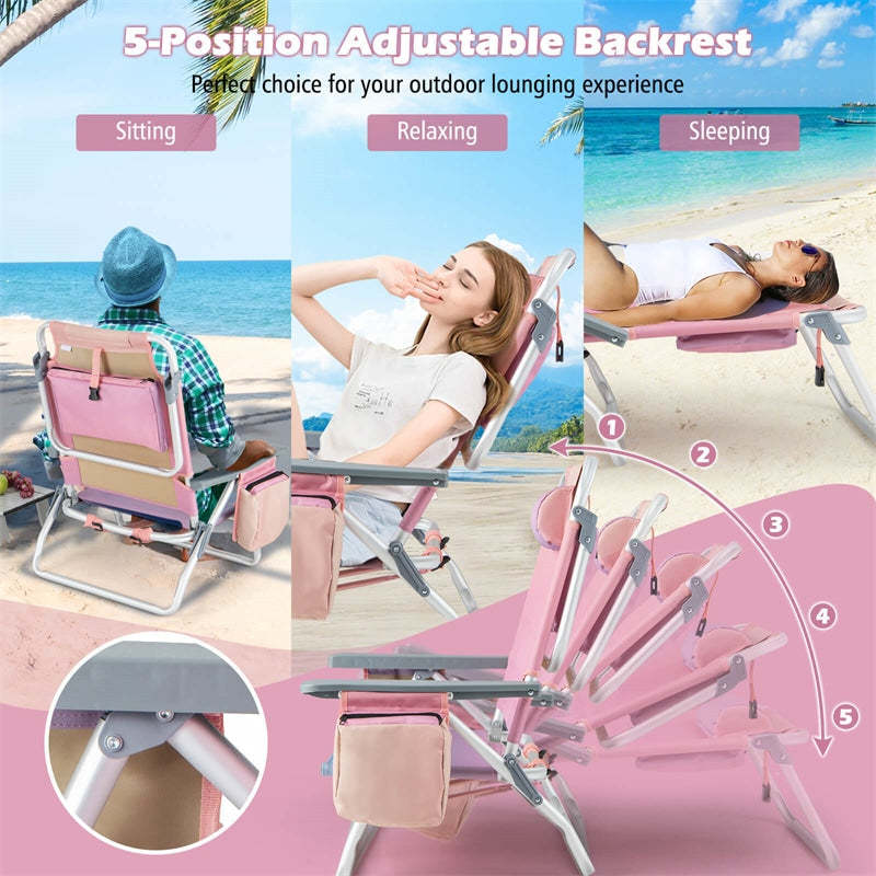3PCS Folding Backpack Beach Chairs with Side Table, Cooler Bag, Cup Holder, 5-Position Reclining Beach Chairs for Camping Sunbathing