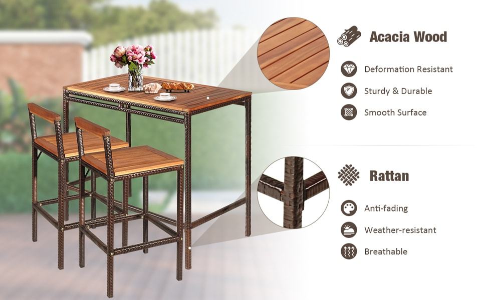 3 Pcs Outdoor Wicker Bar Height Bistro Set Patio Rattan Dining Furniture Set with Acacia Wood Tabletop & 2 Bar Stools