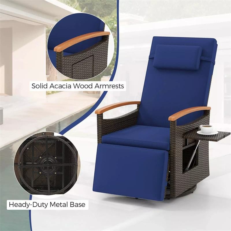 2PCS Outdoor 360° Swivel Rattan Recliner Chair, Patio Wicker Chaise Lounge Chair with Flip Side Table, Cushion, Adjustable Backrest & Footrest