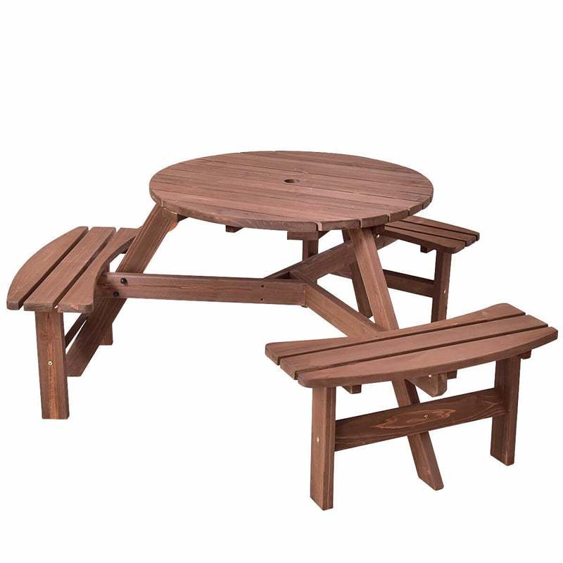 6 Person Wood Picnic Table, Outdoor Round Dining Table with 3 Built-in Benches & Umbrella Hole, 500lbs Capacity, Bench Patio Dining Set for Garden