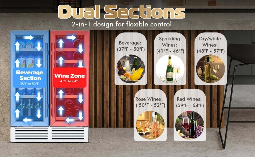 24" Dual Zone Wine Beverage Fridge Cooler with Memory Temperature Control