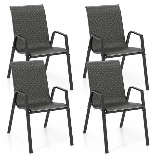 Patio Rattan Chairs Set of 4 Stackable Outdoor Dining Chairs with Wicker Woven Backrest & Seat, Heavy-Duty Metal Frame