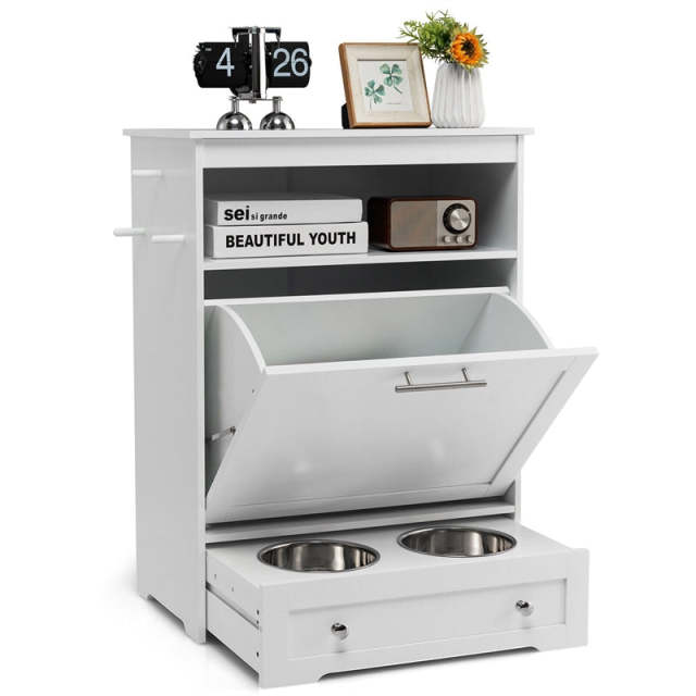 Pet Feeder Station, Dog Food Storage Cabinet with 2 Pull-out Dog Bowls for Watering & Feeding Supplies, Pet Feeder Toy Leashes Organizer