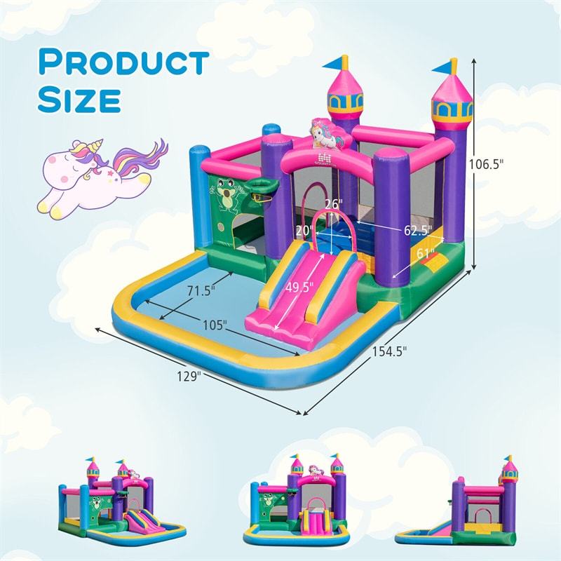 Inflatable Bounce House, 6-in-1 Unicorn Jumping Bouncy Castle with Slide, 2 Ball Pits & Basketball Rim for Kids Indoor Outdoor Fun, Birthday Gift