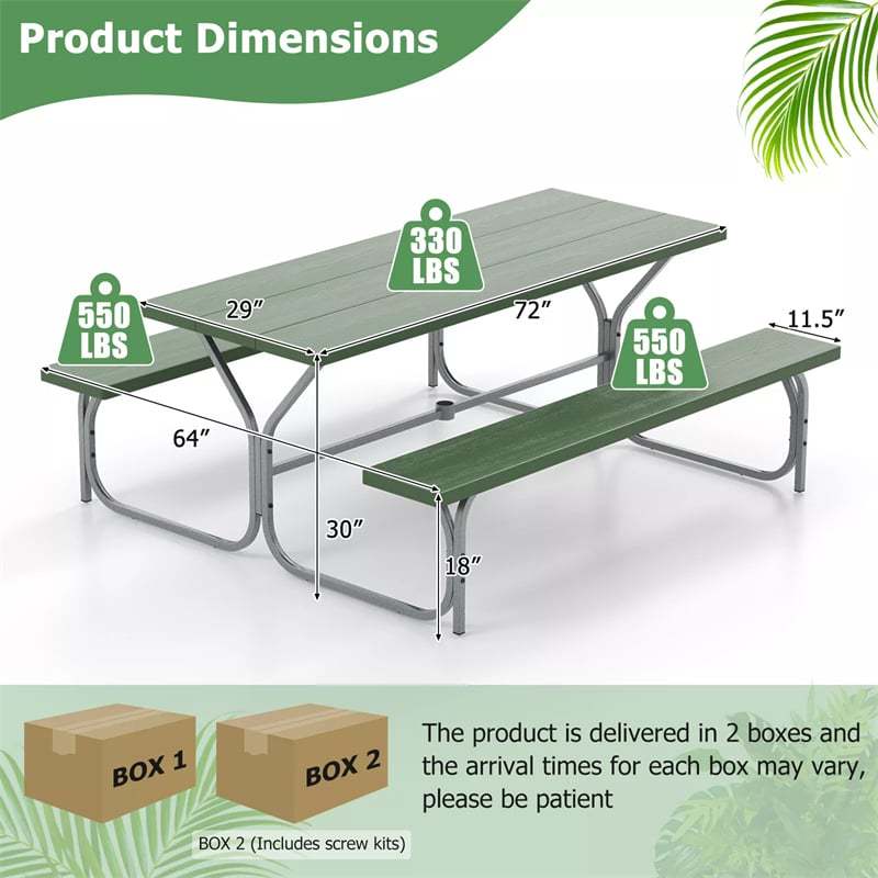 6FT Picnic Table & Bench Set for 8-Person, Heavy Duty Weather-Resistant Outdoor Dining Table with Umbrella Hole HDPE Tabletop & Built-in Benches