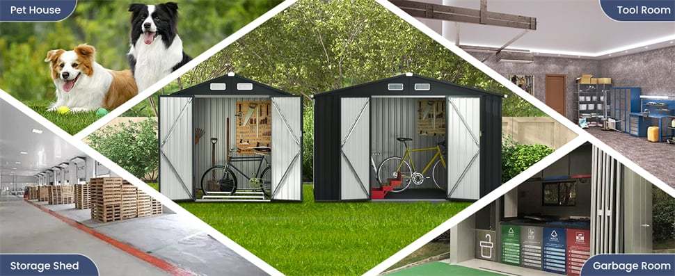 10' x 7.7' Outdoor Metal Storage Shed Galvanized Steel Utility Tool Storage House Waterproof Garden Shed with 4 Vents Lockable Doors