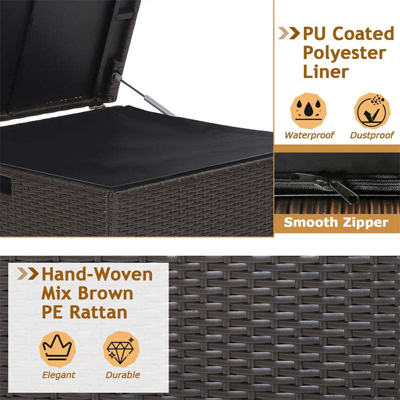 72 Gallon Rattan Wicker Deck Box with Waterproof Zipper Liner & Gas Strut, Outdoor Storage Box for Patio Cushions, Garden Tools, Backyard Accessories