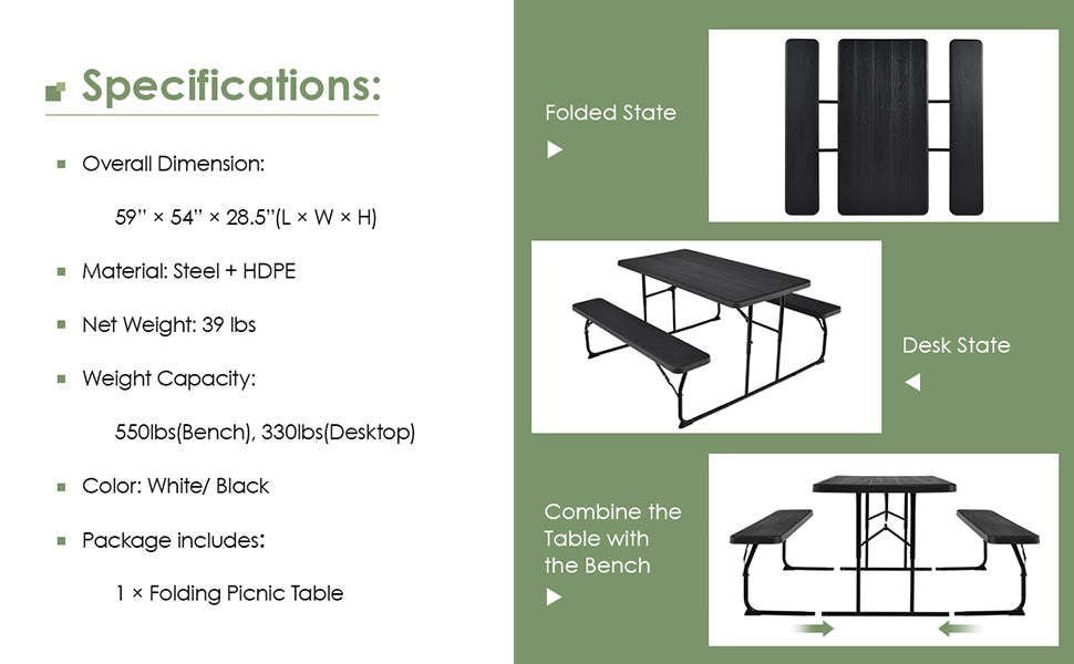 Outdoor Folding Picnic Table Bench Set for Patio Garden Backyard