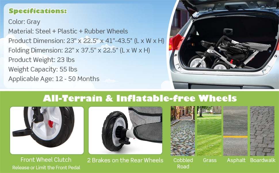 7 in 1 Folding Kids Tricycle Toddler Bike Stroller with Adjustable Canopy Removable Push Handle Rotatable Seat