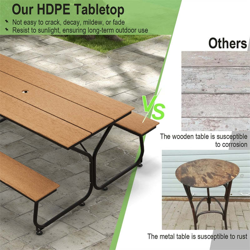 6FT Outdoor Picnic Table Bench Set for 6-8 Person, All-Weather HDPE Heavy-Duty Picnic Table with 2 Benches & Umbrella Hole, 2550LBS Capacity