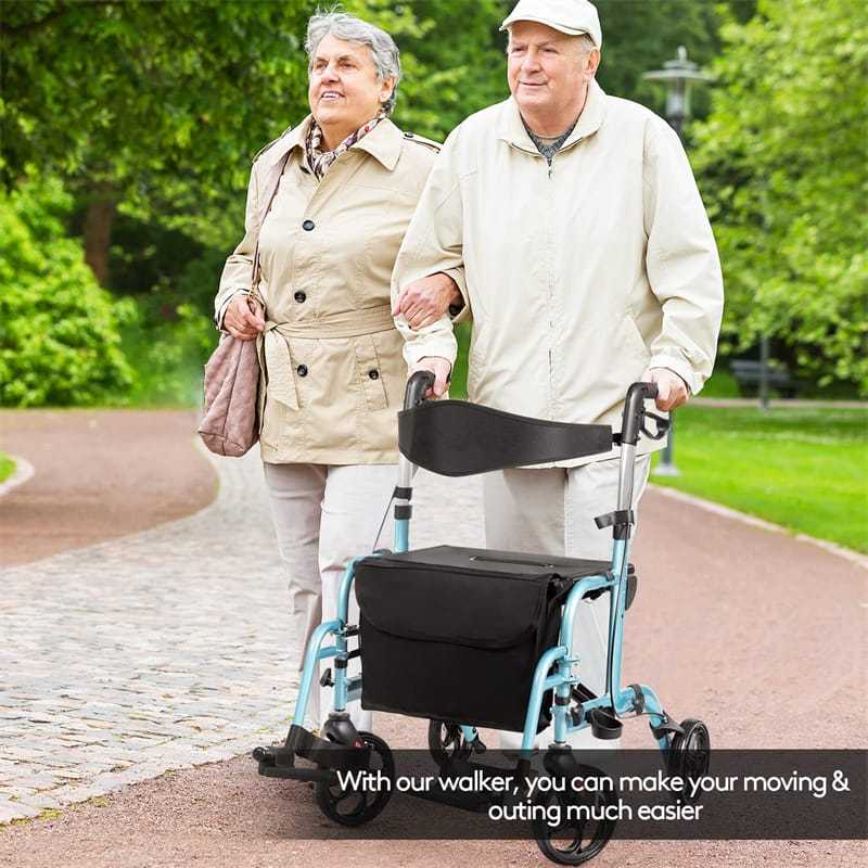 2-in-1 Folding Rollator Walker with Seat for Seniors, Aluminum Medical Walker Transport Chair Combo with 8" Wheels, Adjustable Handle & Backrest