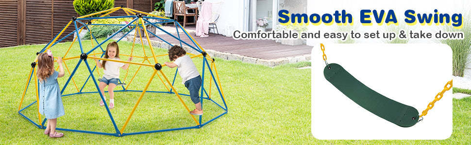 10 FT Climbing Dome with Swing, Geometric Dome Climber Playground Set Outdoor Jungle Gym Monkey Bar Climbing Toys for Toddlers