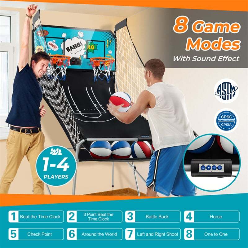 Folding Basketball Arcade Game, Dual Shot Basketball Hoop with 8 Game Modes, 4 Balls, LCD Scoreboard, Air Pump, Indoor Game for Kids & Adults