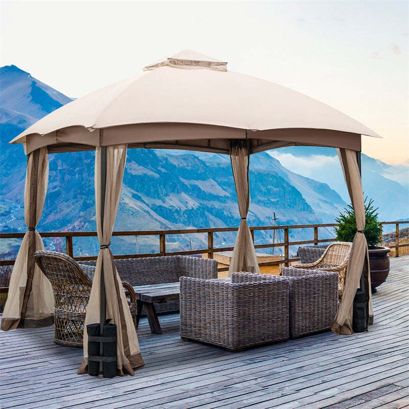 10' x 10' Patio Gazebo 2-Tier Heavy Duty Gazebo Tent Easy Setup Outdoor Gazebo with Netting & 4 Sandbags