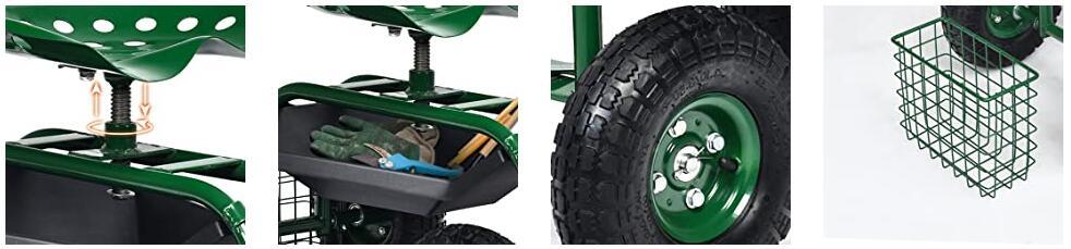 Heavy Duty Rolling Garden Cart with 360 Swivel Seat and Mesh Basket