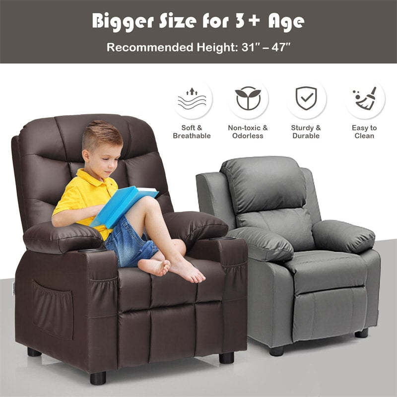 Kids Recliner Chair, Adjustable Velvet Recliner with Footrest, 2 Cup Holders & Side Pockets, Ergonomic Toddler Recliner Sofa for Boys Girls Room