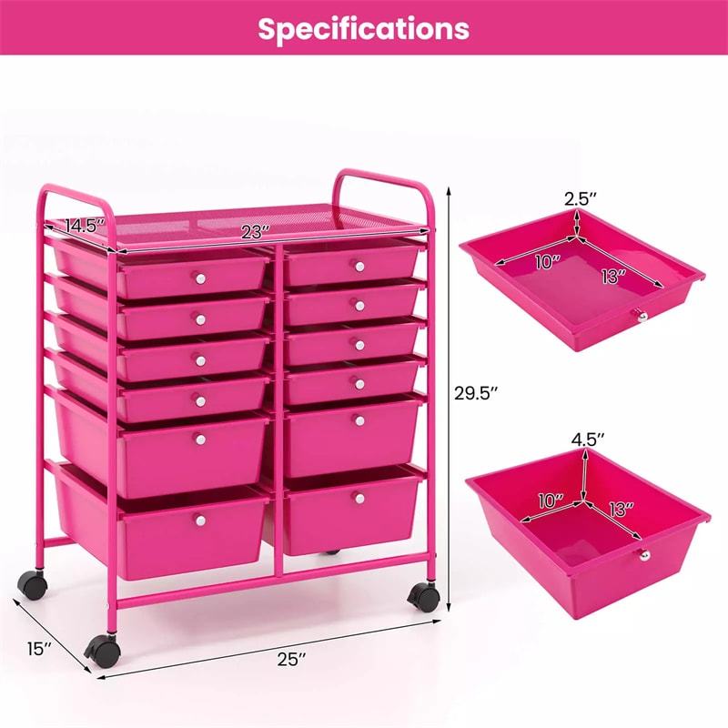 12-Drawer Rolling Storage Cart, Multipurpose Organizer Cart with Lockable Casters, Mobile Utility Cart for School Office Beauty Salon
