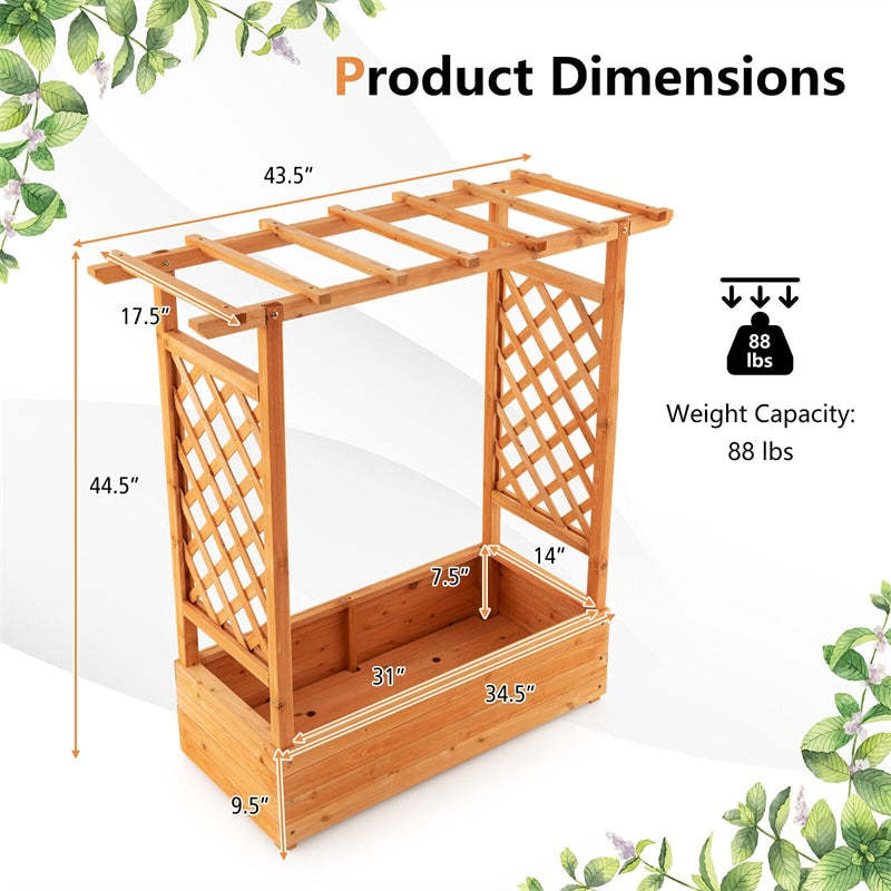 Raised Garden Bed with Arch Trellis, Hanging Roof, Outdoor Wood Planter Box w/ Side Trellis, Drainage Holes for Climbing Plants, Vines, Flowers
