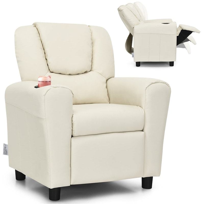 Kids Recliner Chair with Cup Holder, Armrests & Retractable Footrest, Children PU Leather Sofa Armchair, Ergonomic Toddler Room Furniture