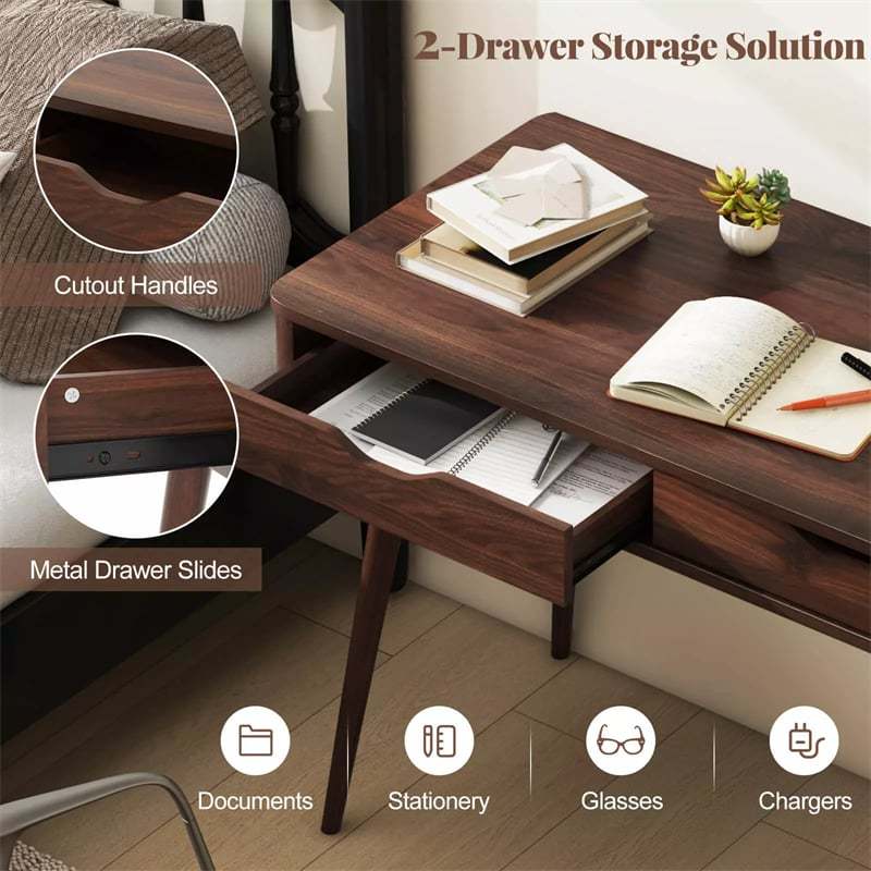 43.5" Mid-Century Desk Writing Study Desk with 2 Drawers, Rubber Wood Legs, Home Office Computer Desk for Small Space, Vanity Table for Bedroom