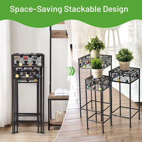 3 Pcs Square Metal Plant Stand Ceramic Beads Flower Display Rack