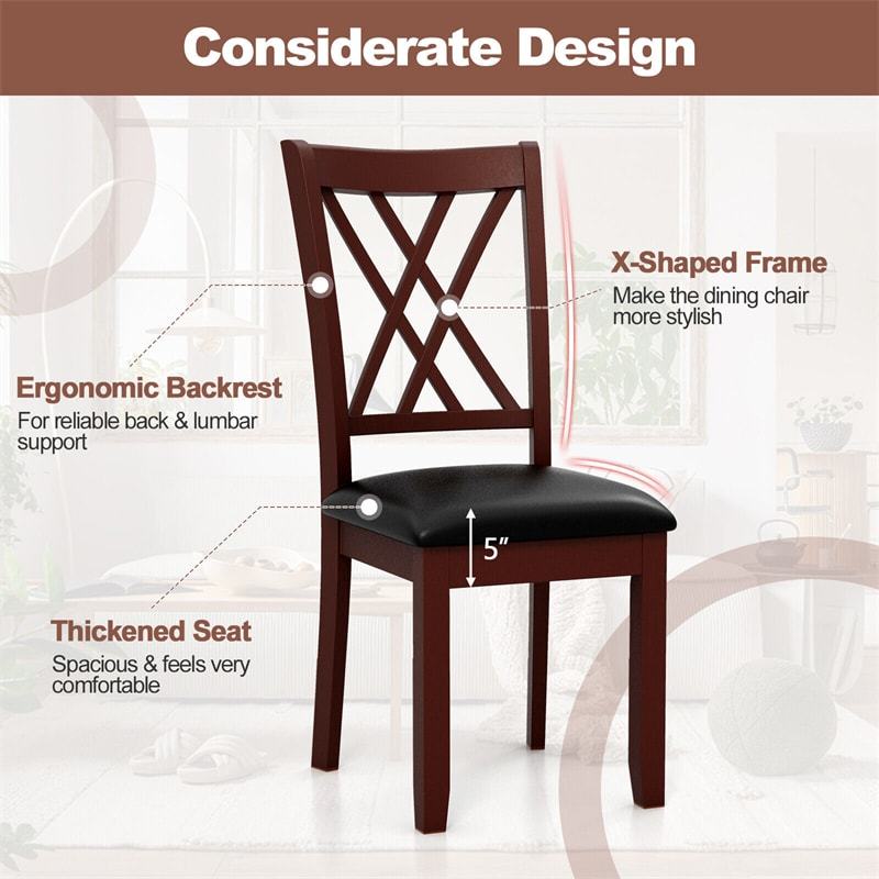 Wood Dining Chairs Set of 2, Faux Leather Upholstered Kitchen Chairs with Rubber Wood Legs, 355Lbs Capacity, Farmhouse Armless Chairs for Dining Room