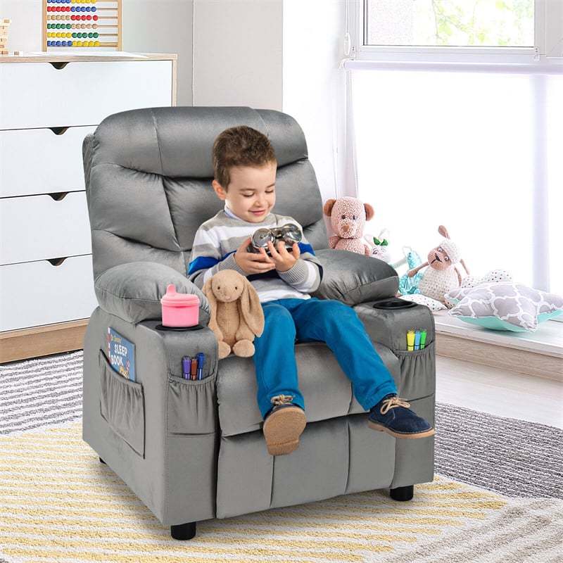 Kids Recliner Chair, Adjustable Velvet Recliner with Footrest, 2 Cup Holders & Side Pockets, Ergonomic Toddler Recliner Sofa for Boys Girls Room