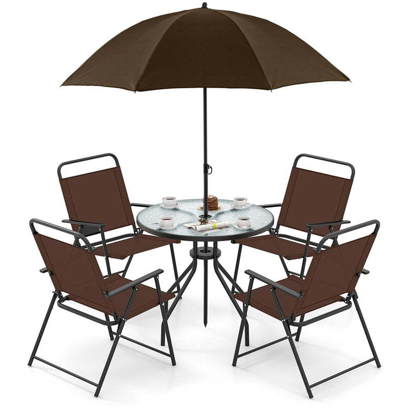6 Piece Patio Dining Set Outdoor Folding Chairs Set with Tempered Glass Table & Tilt Umbrella, Portable Patio Table and Chairs for Lawn Garden Yard