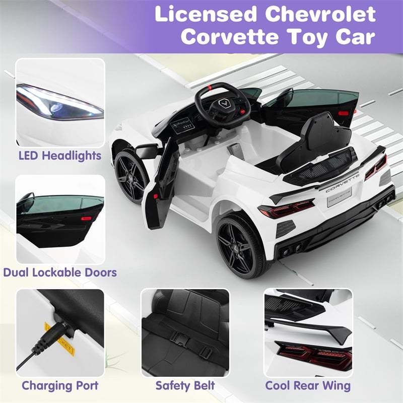 12V Kids Ride On Car Licensed Chevrolet Corvette C8 Electric Toy Car with Remote Control, Wireless Connection, Lights, Gift for Boys & Girls