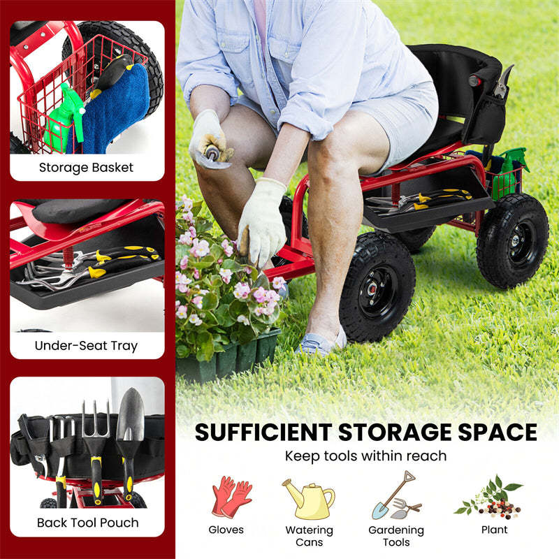 Rolling Garden Cart, Height Adjustable Garden Scooter with 360° Swivel Work Seat, Tool Tray, Storage Basket & Handle for Yard Gardening Work