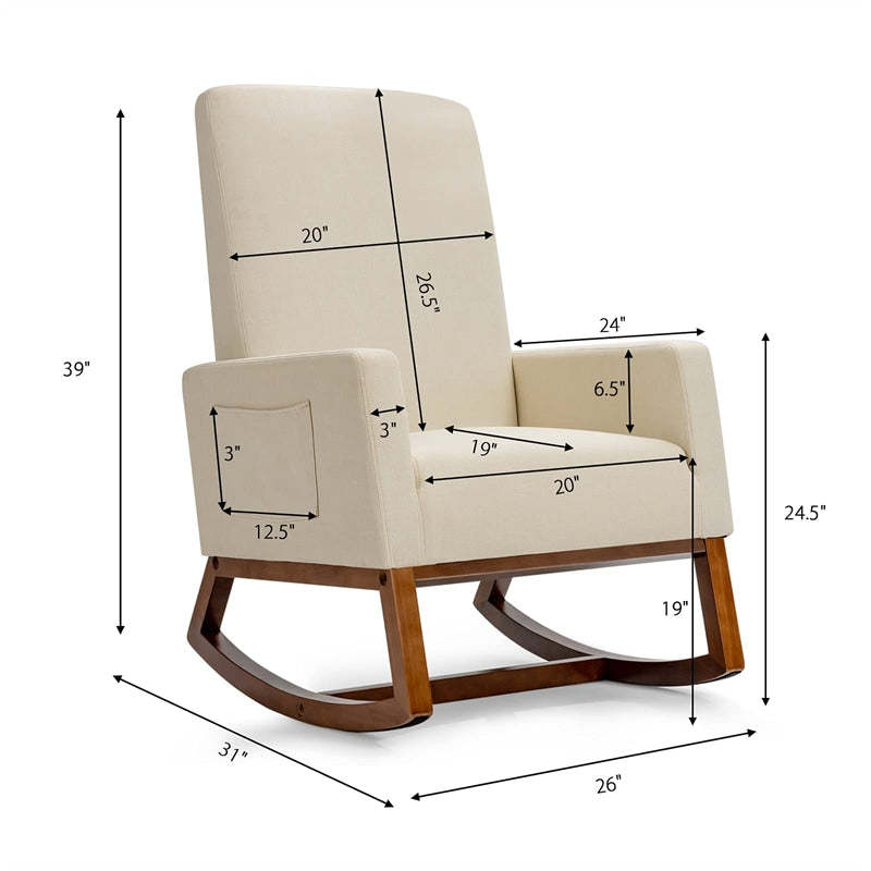 Upholstered Rocking Chair, Mid-Century Modern Fabric Rocker with Wood Base & Side Pocket, High Back Accent Chair for Nursery, Living Room