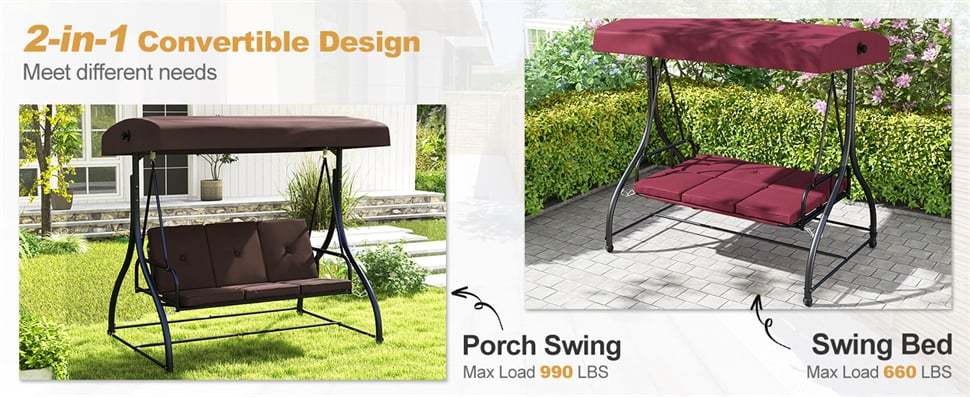 3 Person Outdoor Porch Swing 2-in-1 Large Converting Patio Swing Bed Glider with Adjustable Canopy & Removable Cushions for Yard Balcony