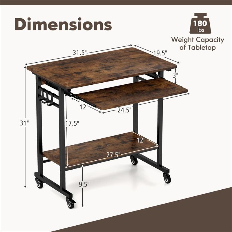 Rolling Computer Desk Cart, Mobile Laptop Desk with Keyboard Tray & CPU Stand, Industrial Small Desk on Wheels for Small Spaces, Home Office, Bedroom