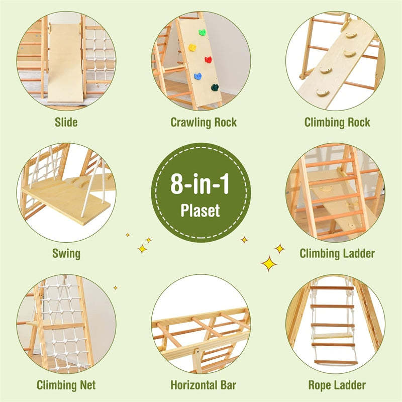 8-in-1 Kids Indoor Jungle Gym, Wooden Montessori Playground Climbing Playset with Slide, Swing, Monkey Bars, Rope Ladder for Boys & Girls