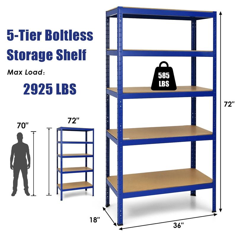 5-Tier Heavy Duty Shelving Unit, 72" Adjustable Steel Storage Shelf Boltless Organizer Rack for Garage Warehouse Home Pantry, 2925LBS Capacity