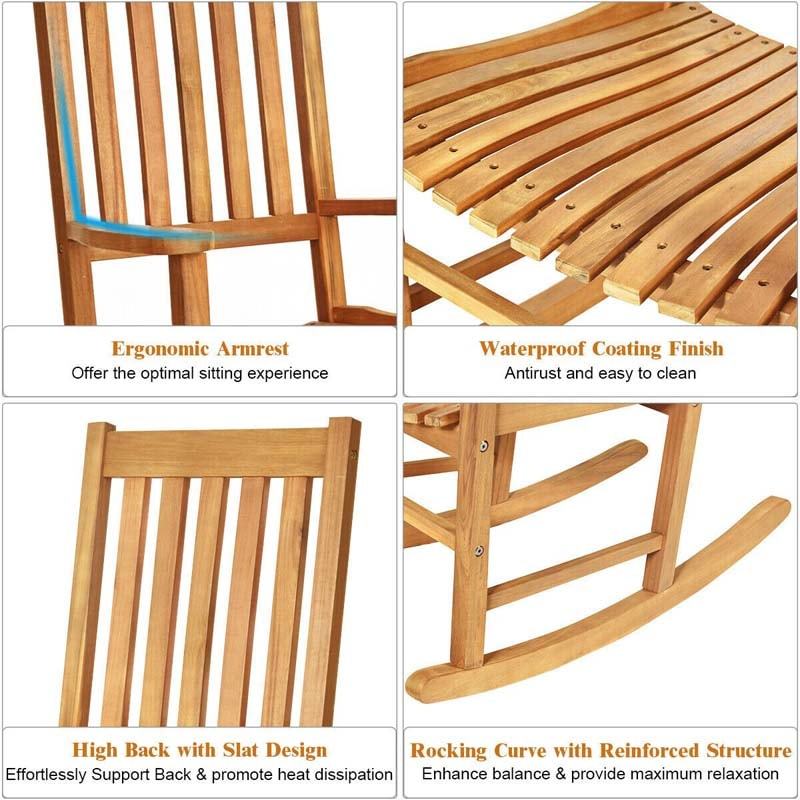 Oversized Acacia Wood Rocking Chair, High Back Patio Porch Rocker with Armrests & Slat Seat for Indoor & Outdoor Use