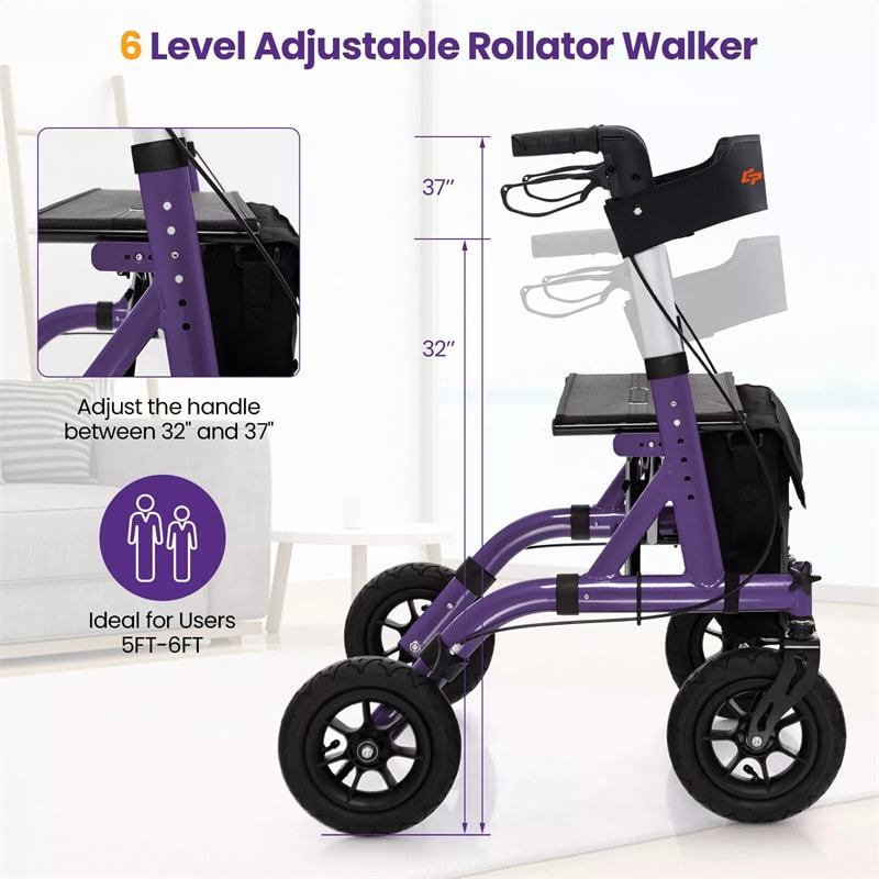 Foldable Rollator Walker with Seat & 9.5" All-Terrain Pneumatic Wheels, 350lbs Heavy Duty Height Adjustable Bariatric Rollator for Seniors/Adults