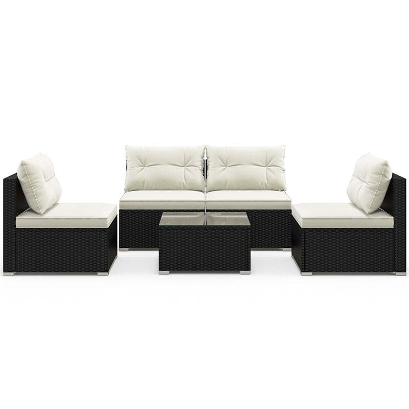 5 Piece Outdoor Wicker Furniture Set Patio PE Rattan Sofa Conversation Set Sectional Sofa with Tempered Glass Coffee Table, Back & Seat Cushions